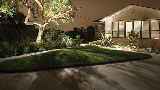 Triangle lawn lit up with tree lighting and in plants along the house at night.