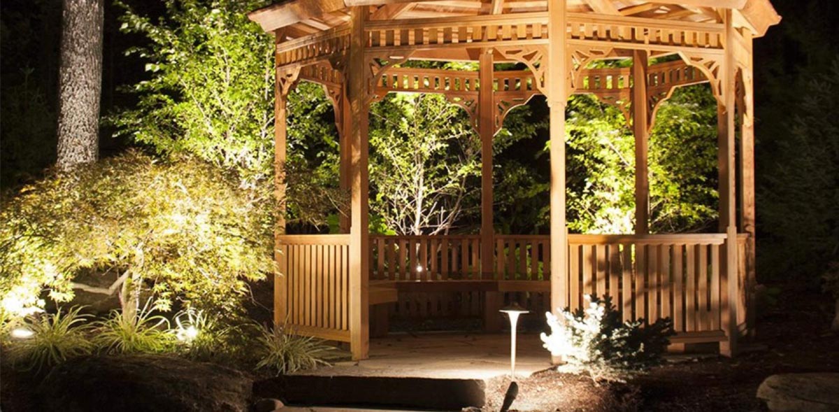 A gazebo lit with CAST path lighting