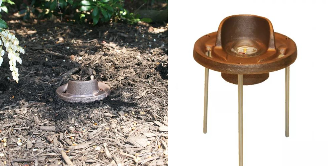 Bronze ground lights placed in between low-lying foliage and external view of the bronze light.