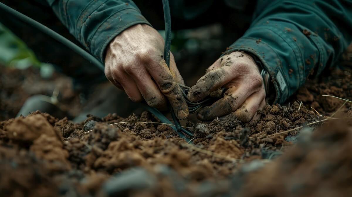 man digging in the dirt laying wire