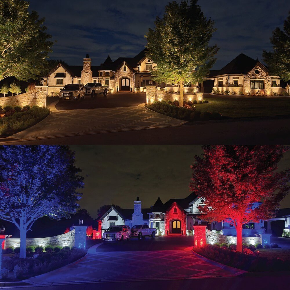 before and after picture of a luxury home illuminated from white light, to red, white, and blue lights.