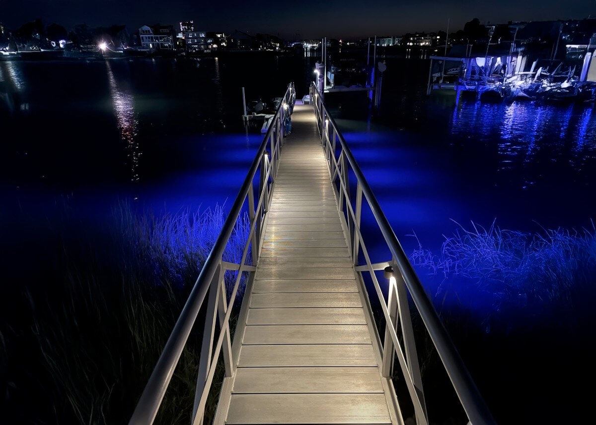 blue dock lighting at night for easy noticeability 
