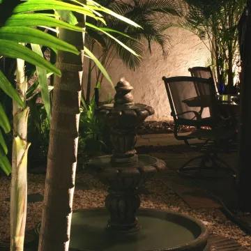 Garden Fountain downlighting with tree cross lighting